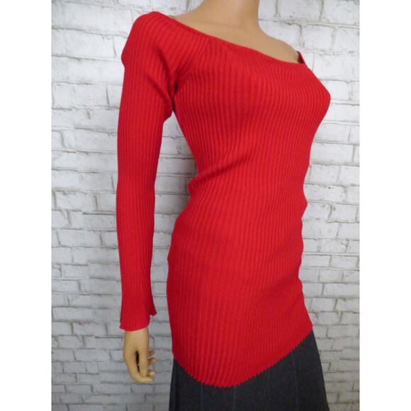 $198 MLM Label Red Ribbed Long Bell Sleeve Off Shoulder Indiana Sweater M NWT - Picture 4 of 11
